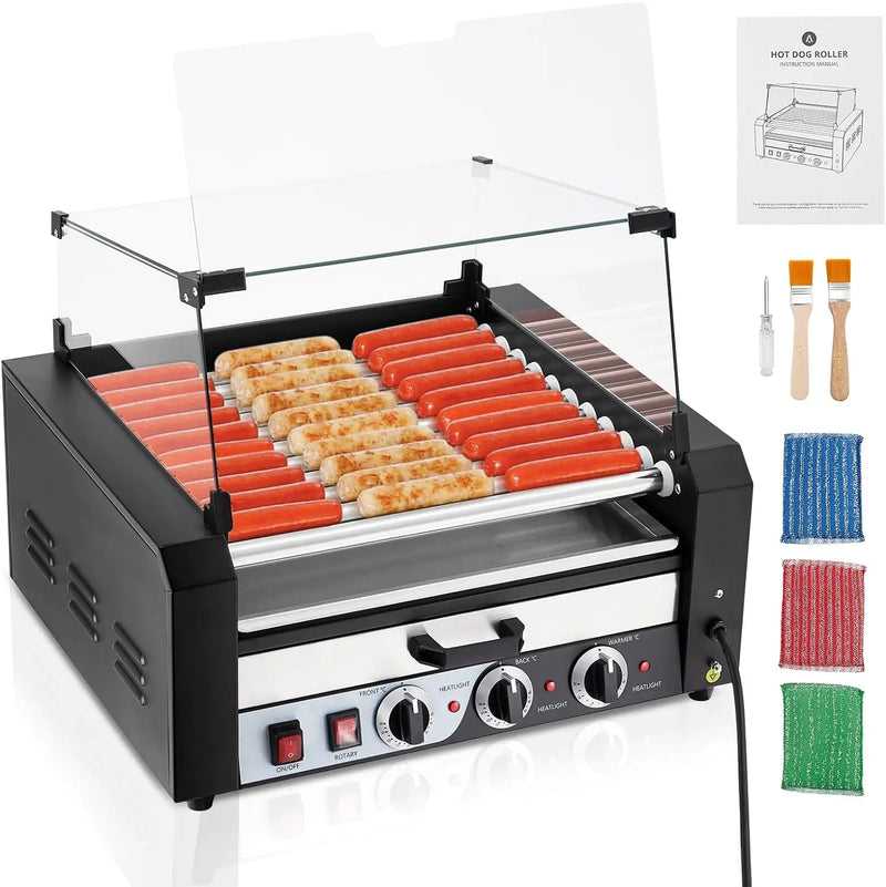 Roller Dog Machine 24 Hot Dog Capacity 9 Rollers Sausage Grill 1650W Stainless Steel hotdog roller grill and bun warmer Glass LidDual Temperature ControlTimer & Drip Tray for Party Home
