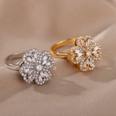 Rotatable Flower Rhinestone Anti-Anxiety Spinner Ring